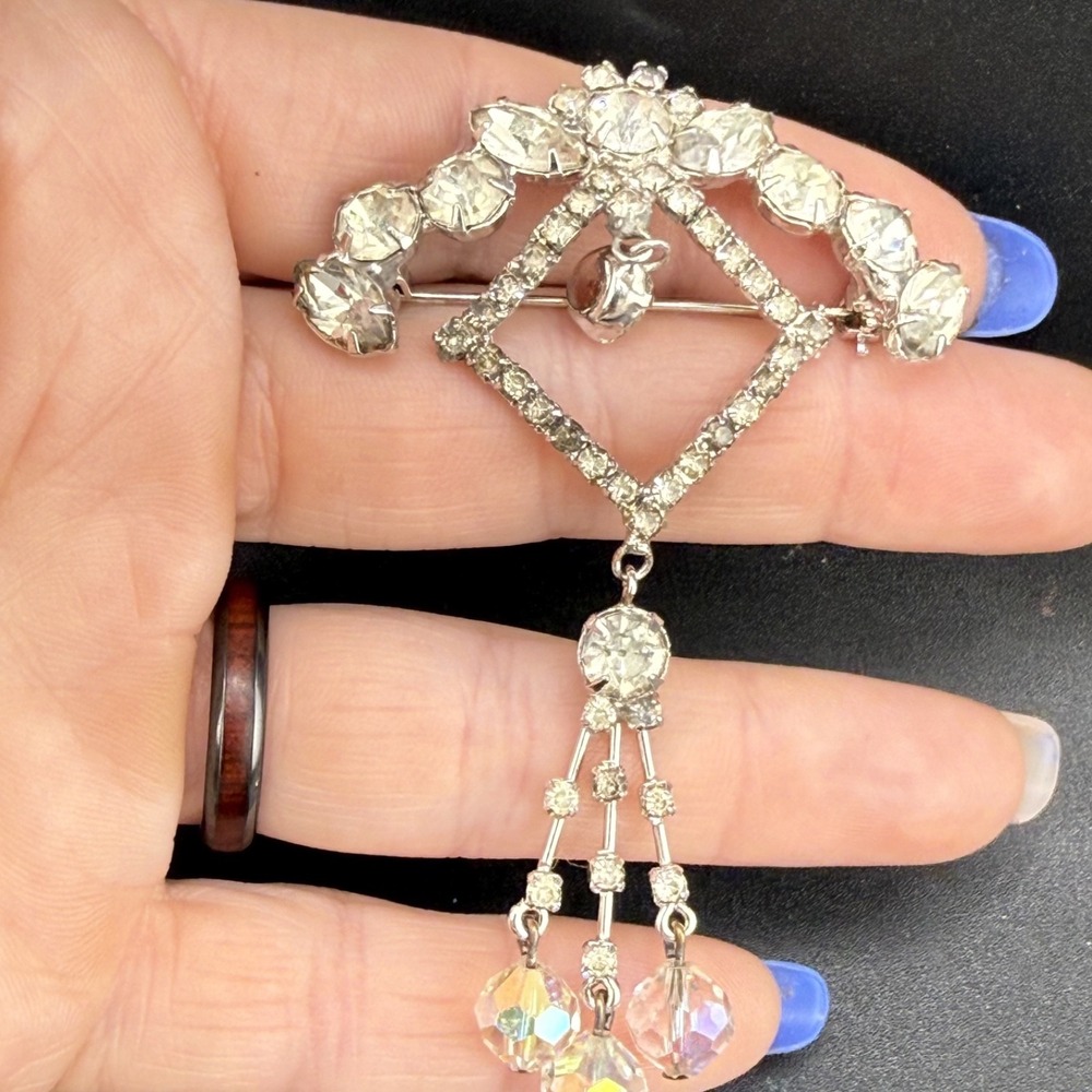 Vintage Estate Rhinestone Brooch Silver Tone Dangle AB Crystal Unique